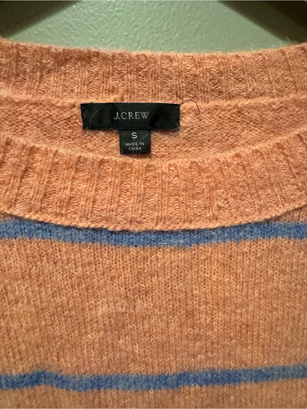 J. Crew Coral Pink Crewneck Sweater with Blue Stripes - Picture 4 of 5